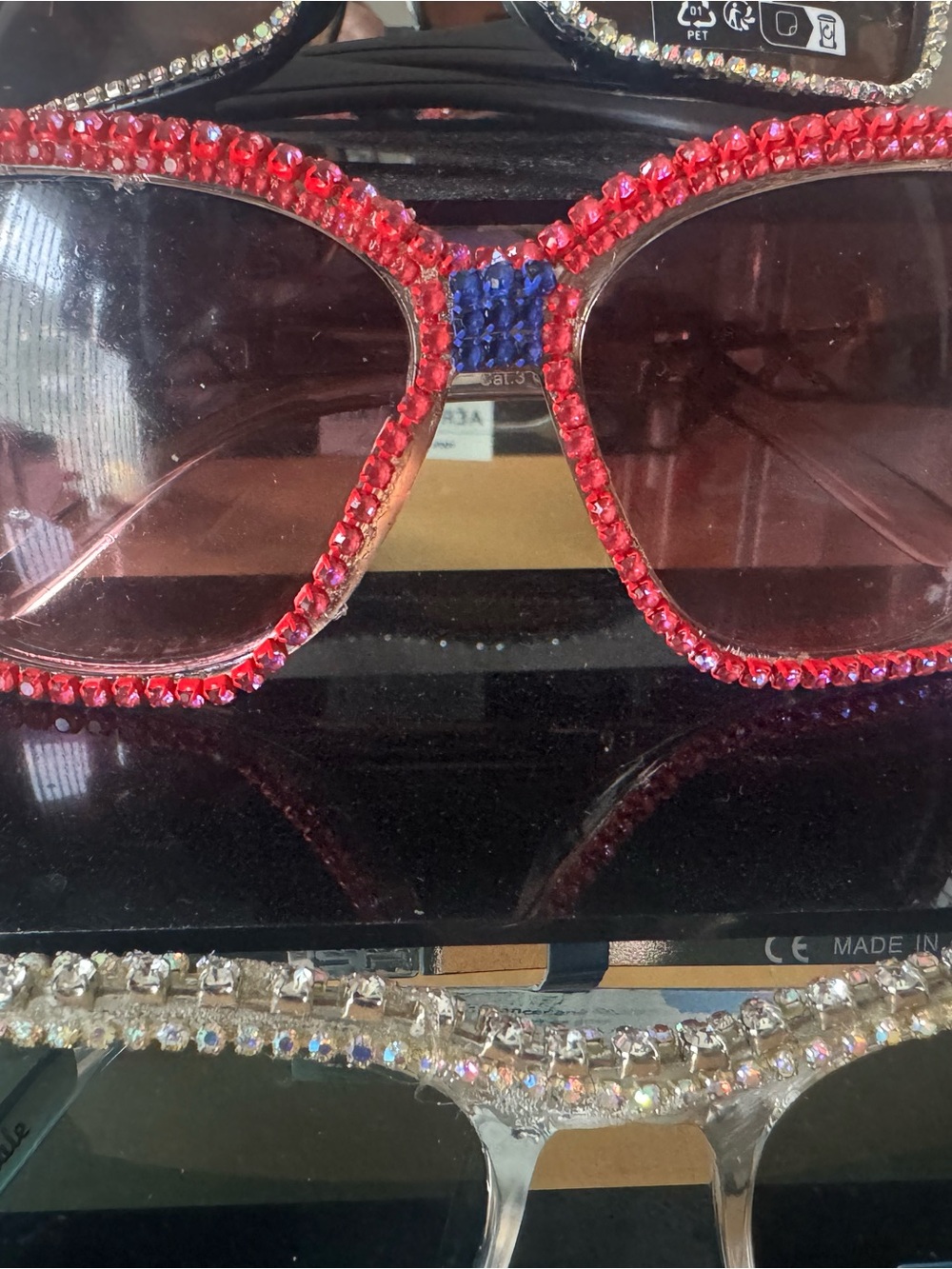 Timberland Red Crystal Embellished Women's Sunglasses with Blue Accent
